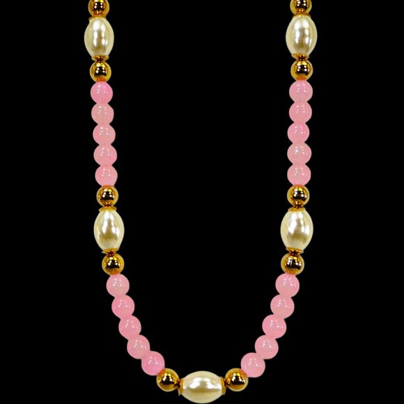Pink glass and white pearl bead necklace mixed with gold beads 20" - Picture 5 of 12